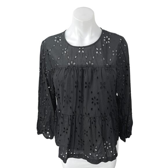 J.Crew Women's Black Embroidered Eyelet Tiered Boho 3/4 Sleeve Blouse Top Size M - Picture 1 of 4
